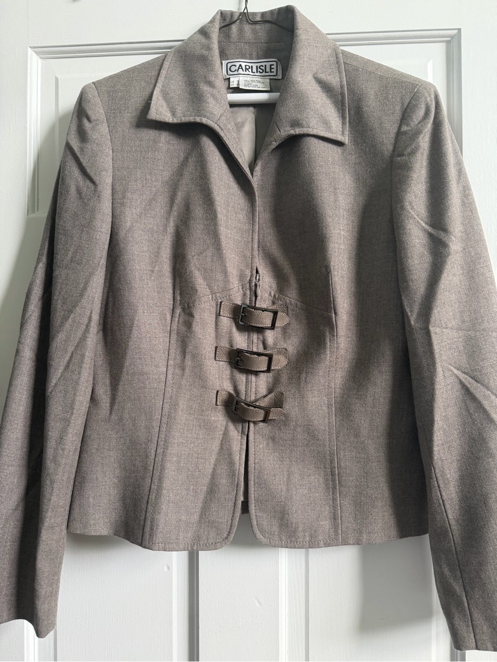 Carlisle Taupe-Brown Buckle Front Tailored Blazer